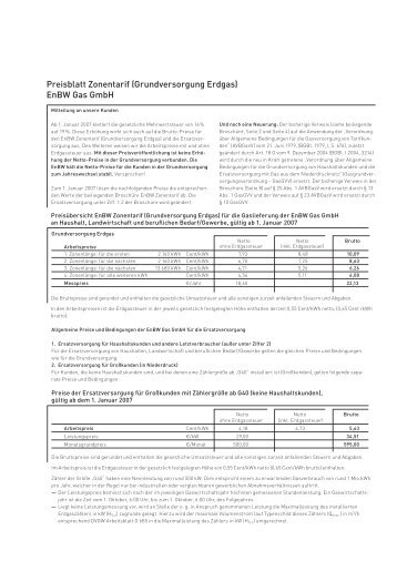 Preisblatt Zonentarif (Grundversorgung Erdgas) EnBW Gas GmbH