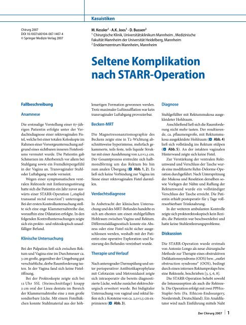 Seltene Komplikation nach STARR-Operation - Enddarm-Zentrum ...