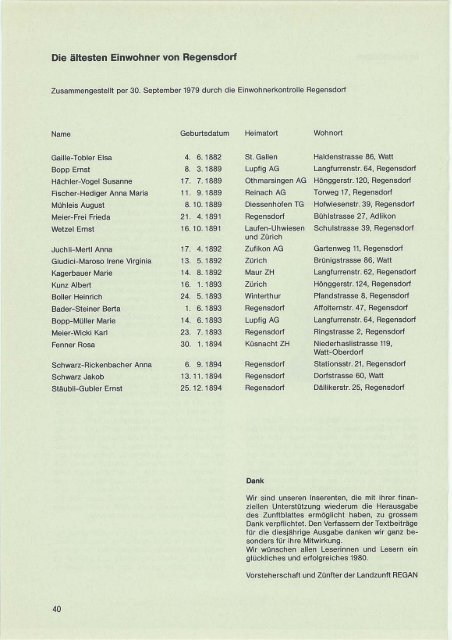 1980 Herausgegeben von der Landzunft Regan Regensdorf