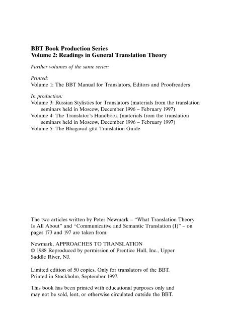 Readings In General Translation Theory Bbt Se