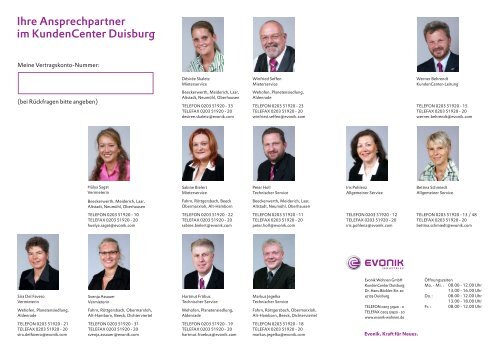 Ihre Ansprechpartner im KundenCenter Duisburg - Evonik Wohnen