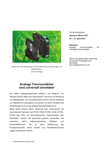 Analoge Trennverstärker sind universell einsetzbar - Wieland Electric