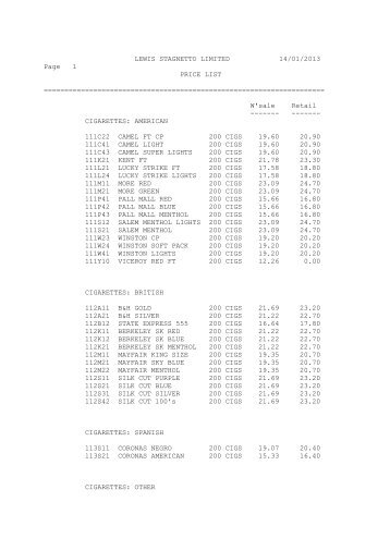 LEWIS STAGNETTO LIMITED 04/01/2013 Page 1 PRICE LIST ...