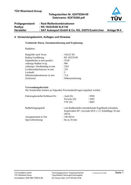 62XT0208.pdf Prüfgegenstand : Rad-/Reifenkombinationen Radtyp