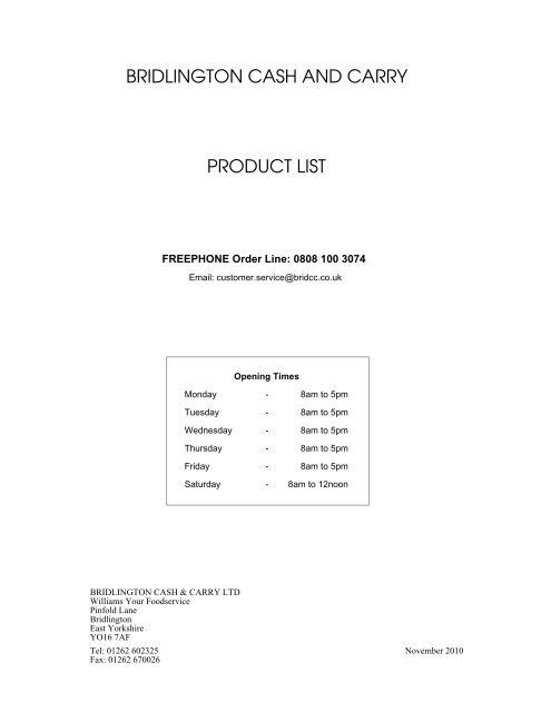 bridlington cash and carry product list - yourwilliams.co.uk