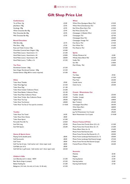 Gift Shop Price List Gift Shop Price List