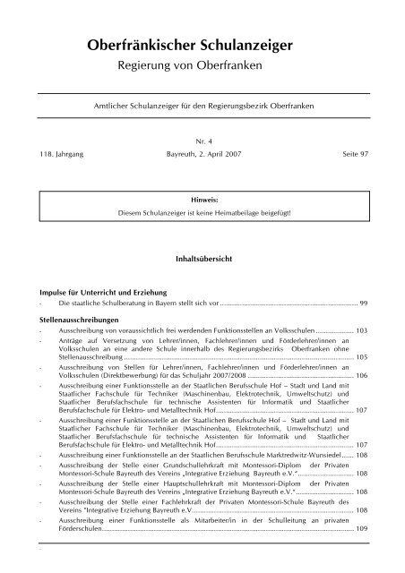 Oberfränkischer Schulanzeiger - Regierung von Oberfranken - Bayern