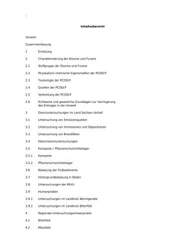 Inhaltsübersicht Vorwort Zusammenfassung 1 ... - POP-DioxinDB