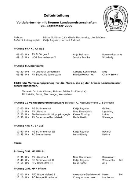 Zeiteinteilung Bremer Landesmeisterschaften 2009