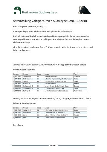 Zeiteinteilung Voltigierturnier Sudweyhe 02/03.10.2010 - Reitverein ...