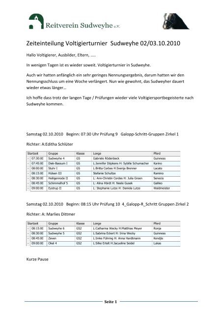 Zeiteinteilung Voltigierturnier Sudweyhe 02/03.10.2010 - Reitverein ...