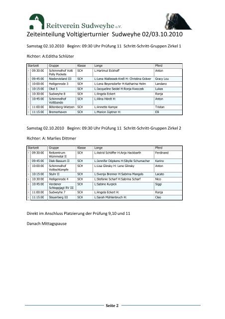 Zeiteinteilung Voltigierturnier Sudweyhe 02/03.10.2010 - Reitverein ...