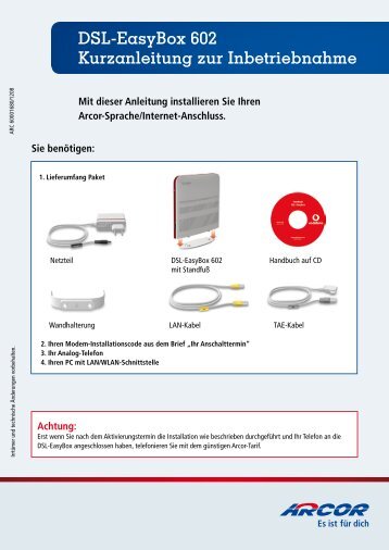 Dsl-Easybox 602 Kurzanleitung zur Inbetriebnahme