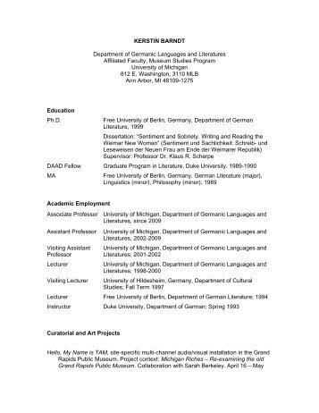 View Kerstin Barndt's CV. - College of Literature, Science, and the ...