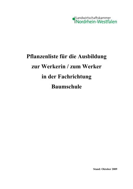 Pflanzenlisten für die Berufsausbildung Werker/-in, Baumschule