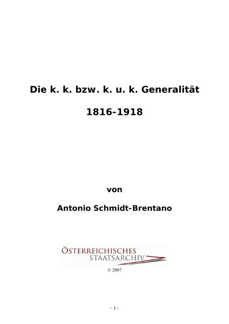 Die k. k. bzw. k. u. k. Generalität 1816-1918