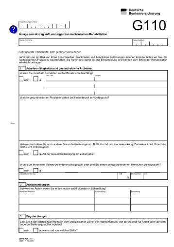Anlage zum Antrag auf Leistungen zur medizinischen Rehabilitation