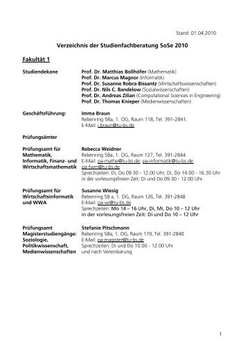 Verzeichnis der Studienfachberatung SoSe 2010 Fakultät 1