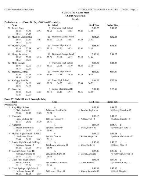 CCISD TISCA Zone Meet CCISD Natatorium Results Event 1 Girls ...