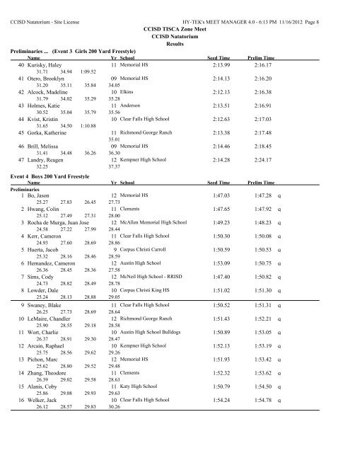 CCISD TISCA Zone Meet CCISD Natatorium Results Event 1 Girls ...