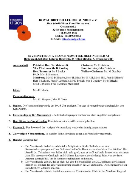 Royal British Legion Minden E V Minden Branch The Royal