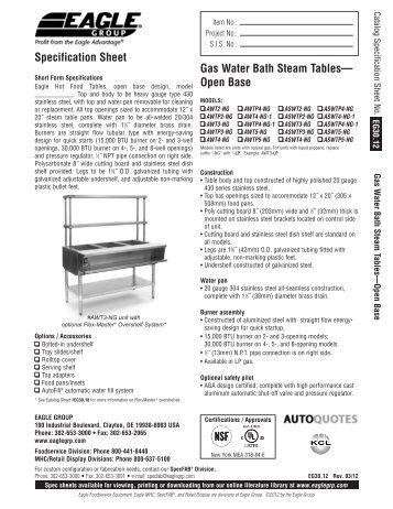 Gas Water Bath Steam Tables— Open Base ... - Eagle Group