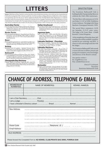 Wonderlijk change of address, telephone & email - New Zealand Kennel Club JM-13