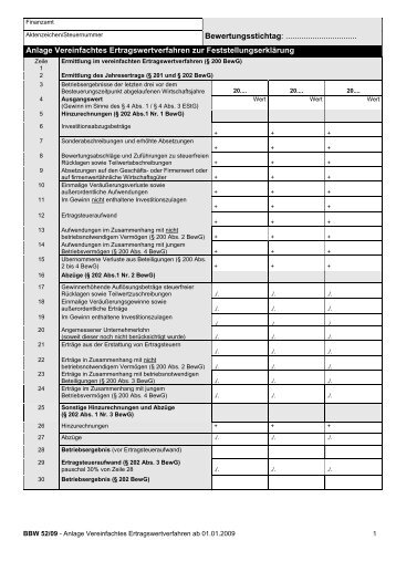 Anlage Vereinfachtes Ertragswertverfahren zur Feststellungserklärung