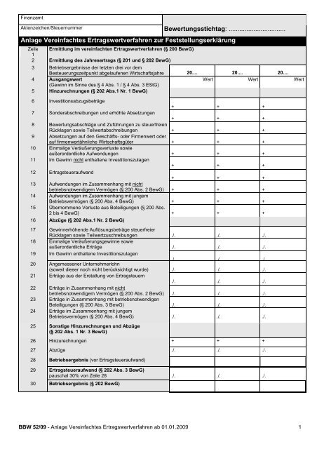 Anlage Vereinfachtes Ertragswertverfahren zur Feststellungserklärung