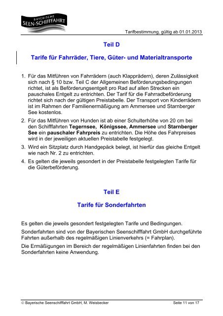 Tarifbestimmungen für die Bayerische Seenschifffahrt GmbH