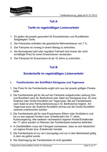 Tarifbestimmungen für die Bayerische Seenschifffahrt GmbH