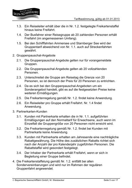 Tarifbestimmungen für die Bayerische Seenschifffahrt GmbH