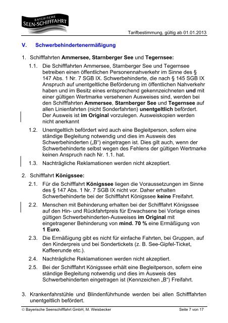 Tarifbestimmungen für die Bayerische Seenschifffahrt GmbH