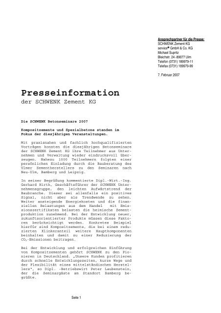 Presseinformation - SCHWENK Zement KG