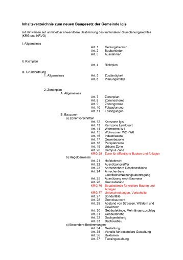 Inhaltsverzeichnis zum neuen Baugesetz der Gemeinde Igis