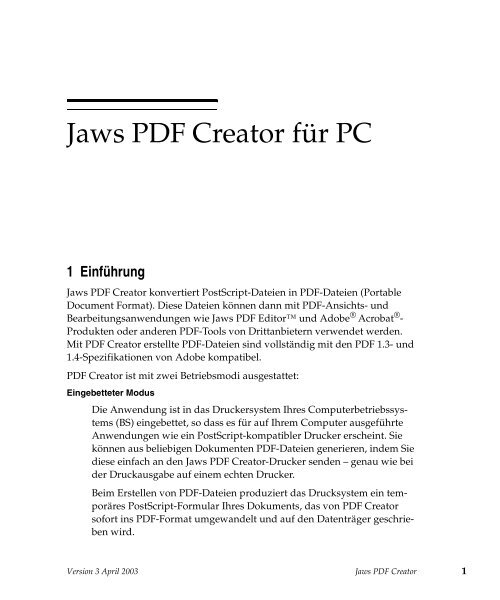 PDF Creator User Manual - Jaws PDF Software