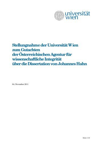 Stellungnahme der Universität Wien zum Gutachten der ...