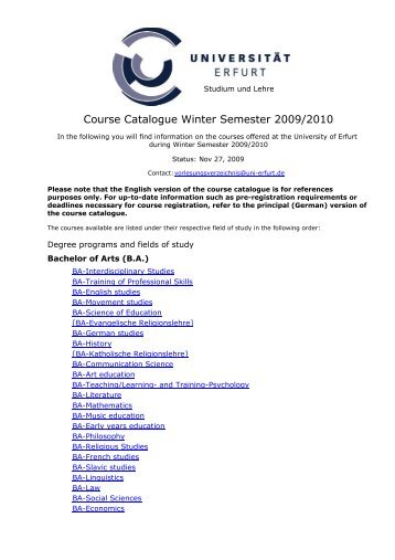 Course Catalogue Winter Semester 2009/2010 - Universität Erfurt