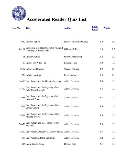 PBDA Accelerated Reader Quiz List - Palm Beach Day Academy