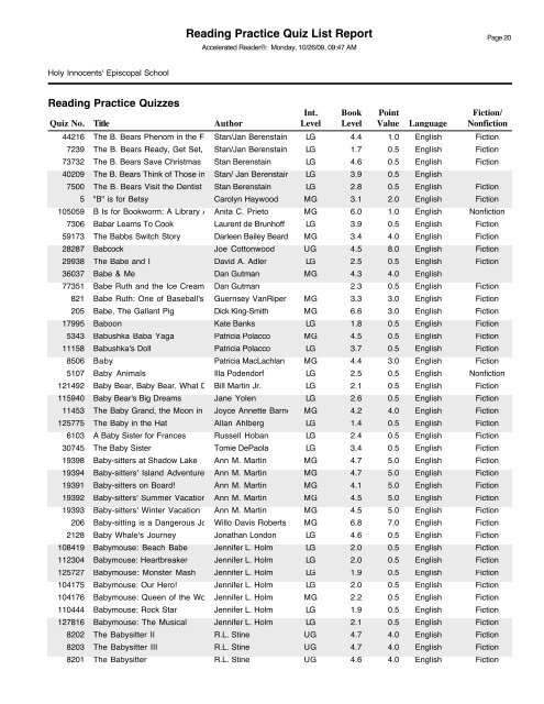 RPQuiz List Report Preview - Holy Innocents' Episcopal School