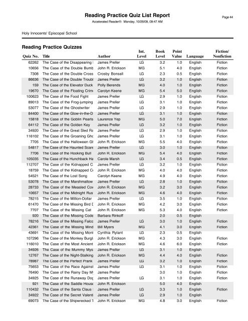 RPQuiz List Report Preview - Holy Innocents' Episcopal School