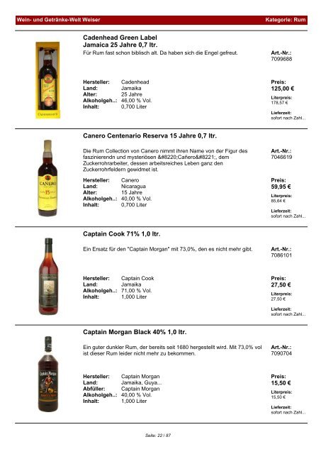 Katalog für Kategorie: Rum - und Getränke-Welt Weiser