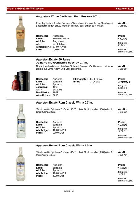 Katalog für Kategorie: Rum - und Getränke-Welt Weiser