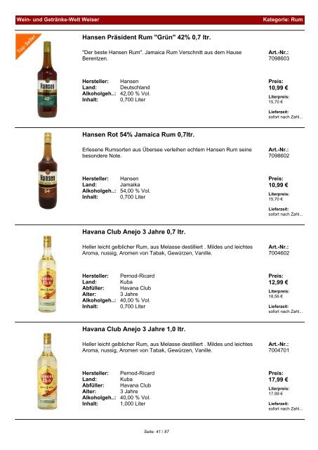 Katalog für Kategorie: Rum - und Getränke-Welt Weiser