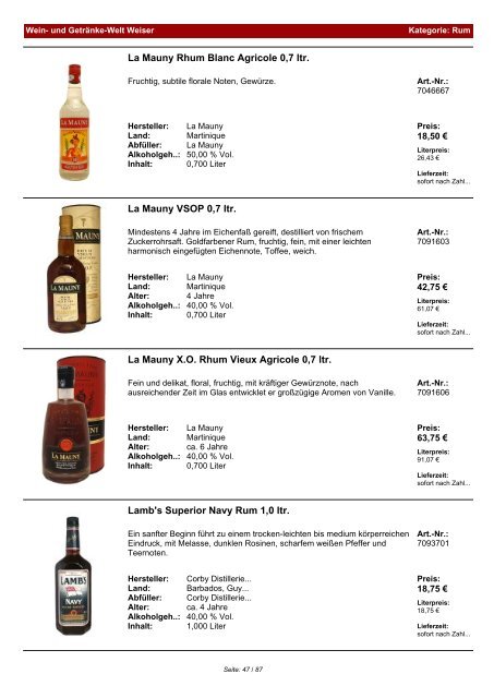 Katalog für Kategorie: Rum - und Getränke-Welt Weiser