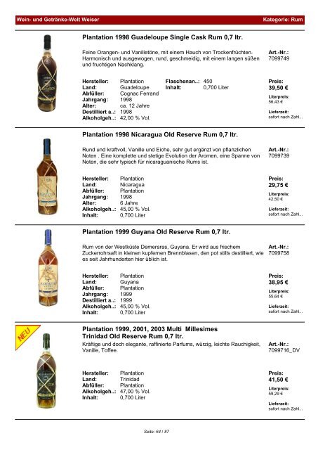 Katalog für Kategorie: Rum - und Getränke-Welt Weiser