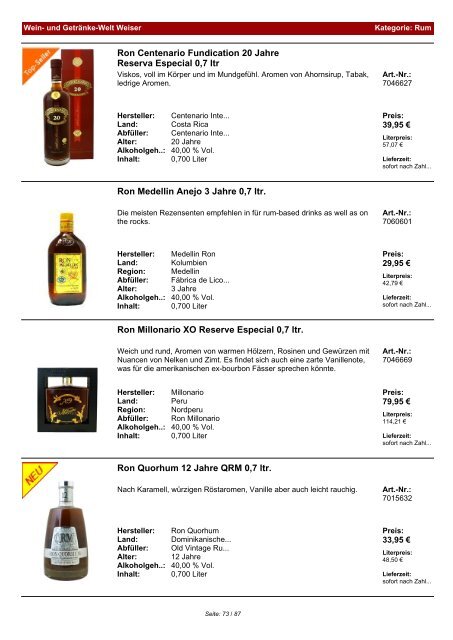 Katalog für Kategorie: Rum - und Getränke-Welt Weiser