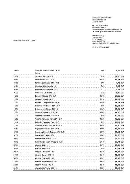 Preisliste vom 01.07.2011 Spirituosen & Wein Contor Boxhagener ...