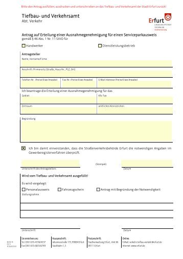 Verkehrsrecht: Information und Antrag auf Serviceparkausweis - Erfurt