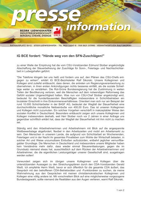 IG BCE fordert: "Hände weg von den SFN-Zuschlägen!"